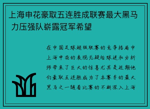 上海申花豪取五连胜成联赛最大黑马 力压强队崭露冠军希望