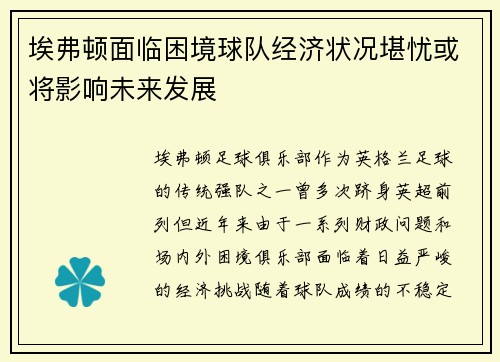 埃弗顿面临困境球队经济状况堪忧或将影响未来发展