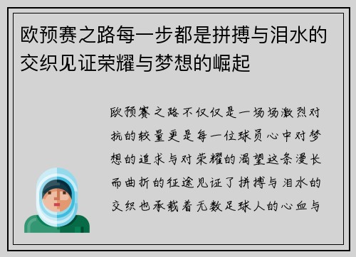 欧预赛之路每一步都是拼搏与泪水的交织见证荣耀与梦想的崛起